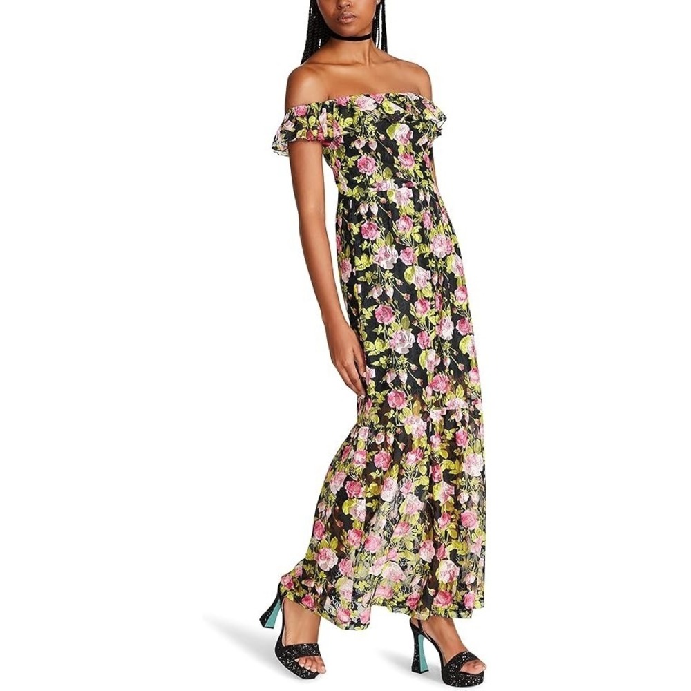 Betsey Johnson Womens Bardot Mesh Floral Maxi‎ Dress Size S Coquette Cottagecore